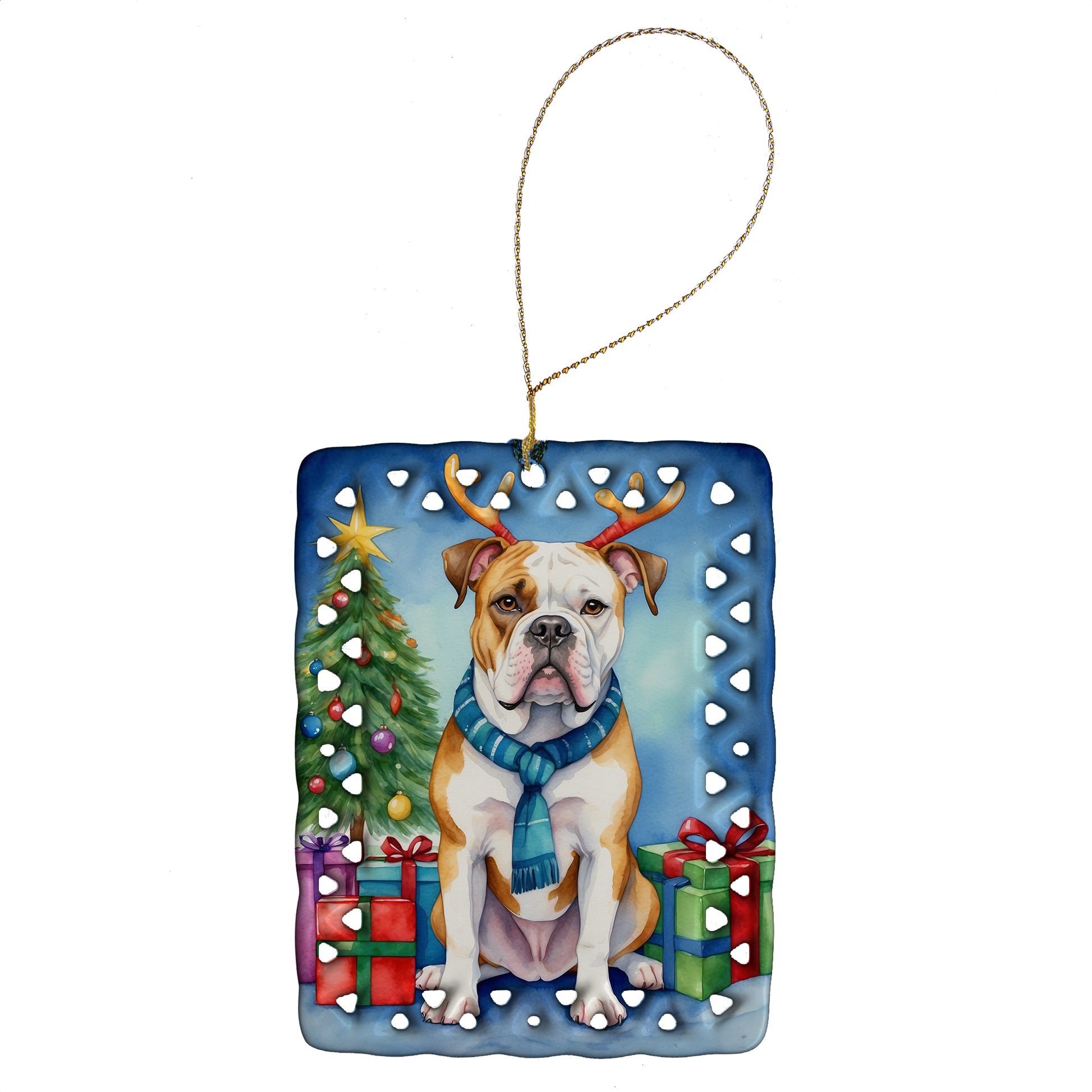 Buy this American Bulldog Christmas Reindeer Porcelain Ornament