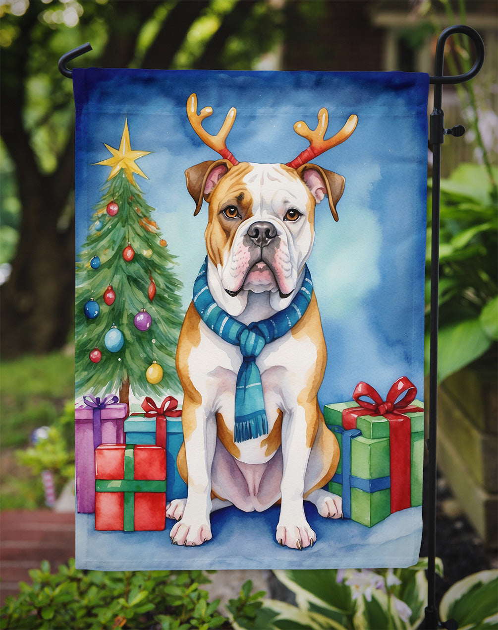 American Bulldog Christmas Reindeer Garden Flag