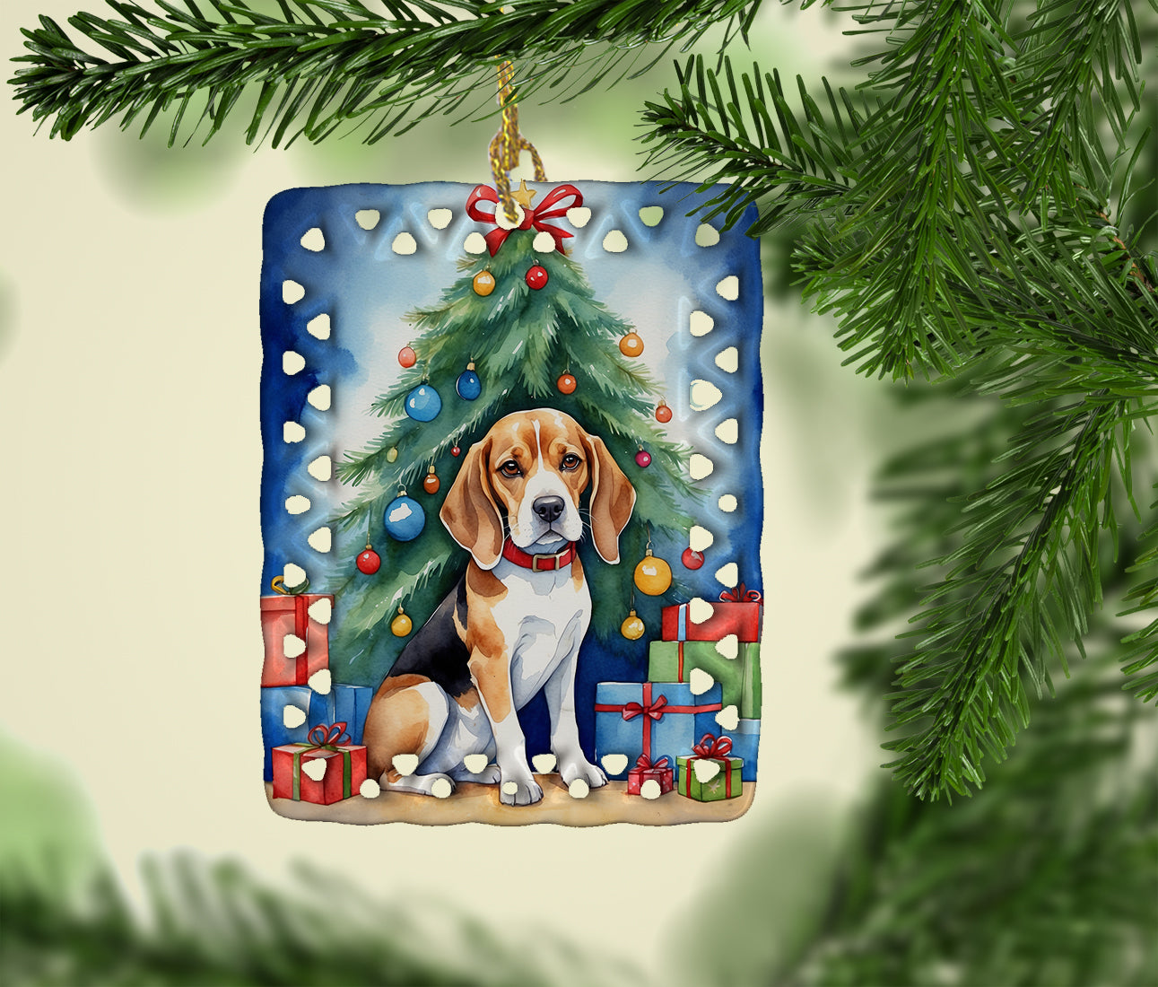 Beagle Christmas Reindeer Porcelain Ornament