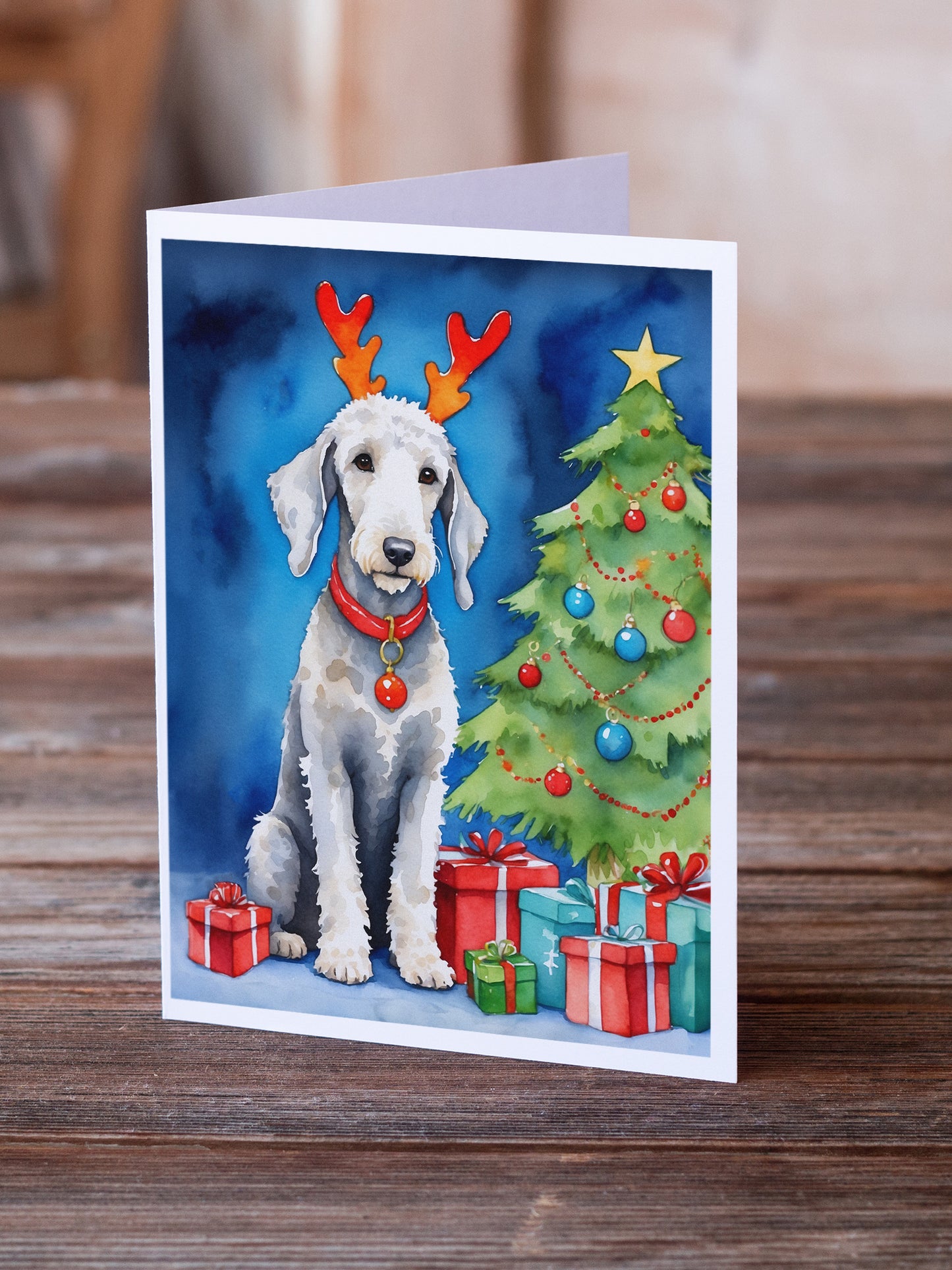 Bedlington Terrier Christmas Reindeer Greeting Cards Pack of 8