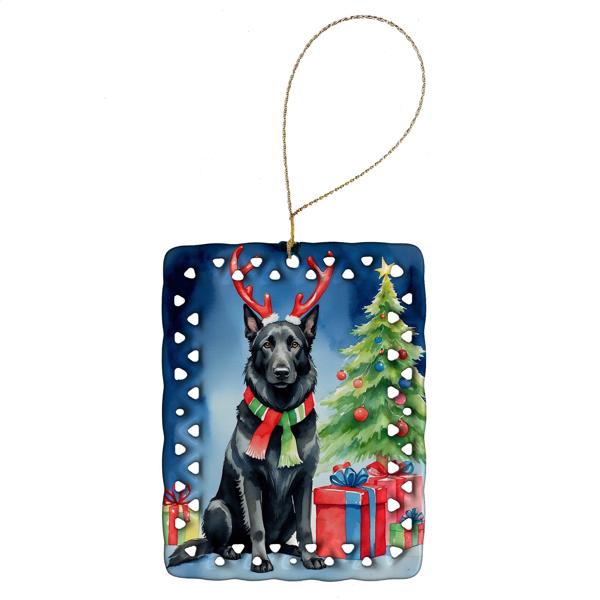 Buy this Belgian Sheepdog Christmas Reindeer Porcelain Ornament