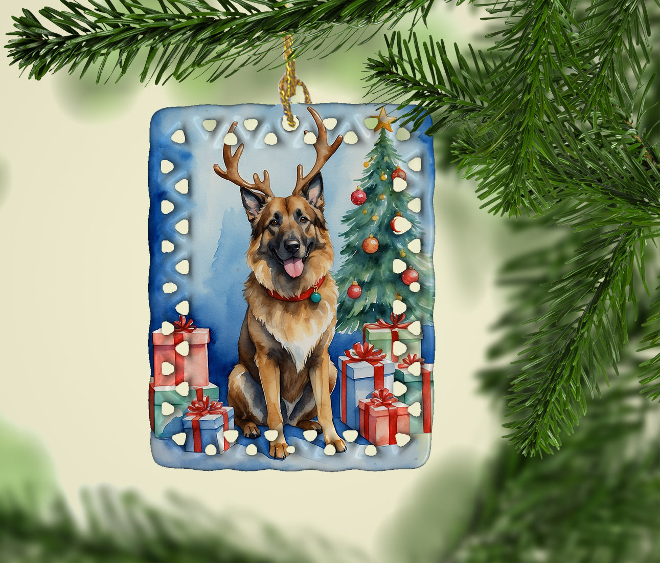 Belgian Tervuren Christmas Reindeer Porcelain Ornament