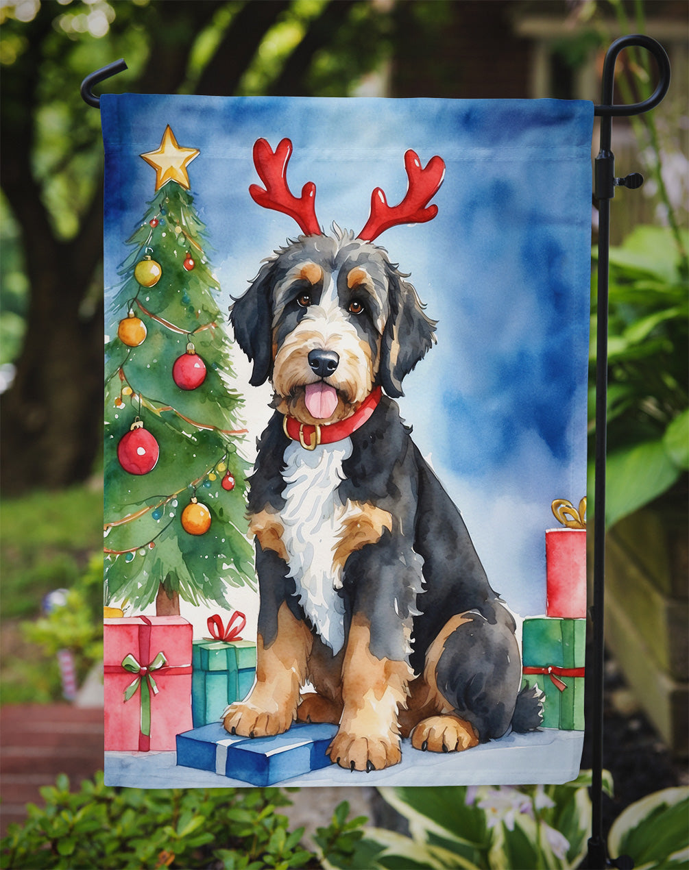 Bernedoodle Christmas Reindeer Garden Flag