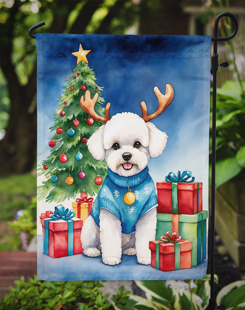 Bichon Frise Christmas Reindeer Garden Flag