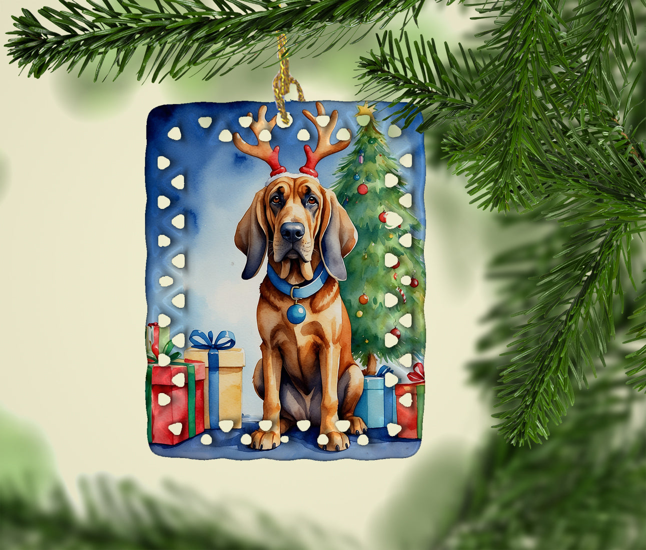 Bloodhound Christmas Reindeer Porcelain Ornament