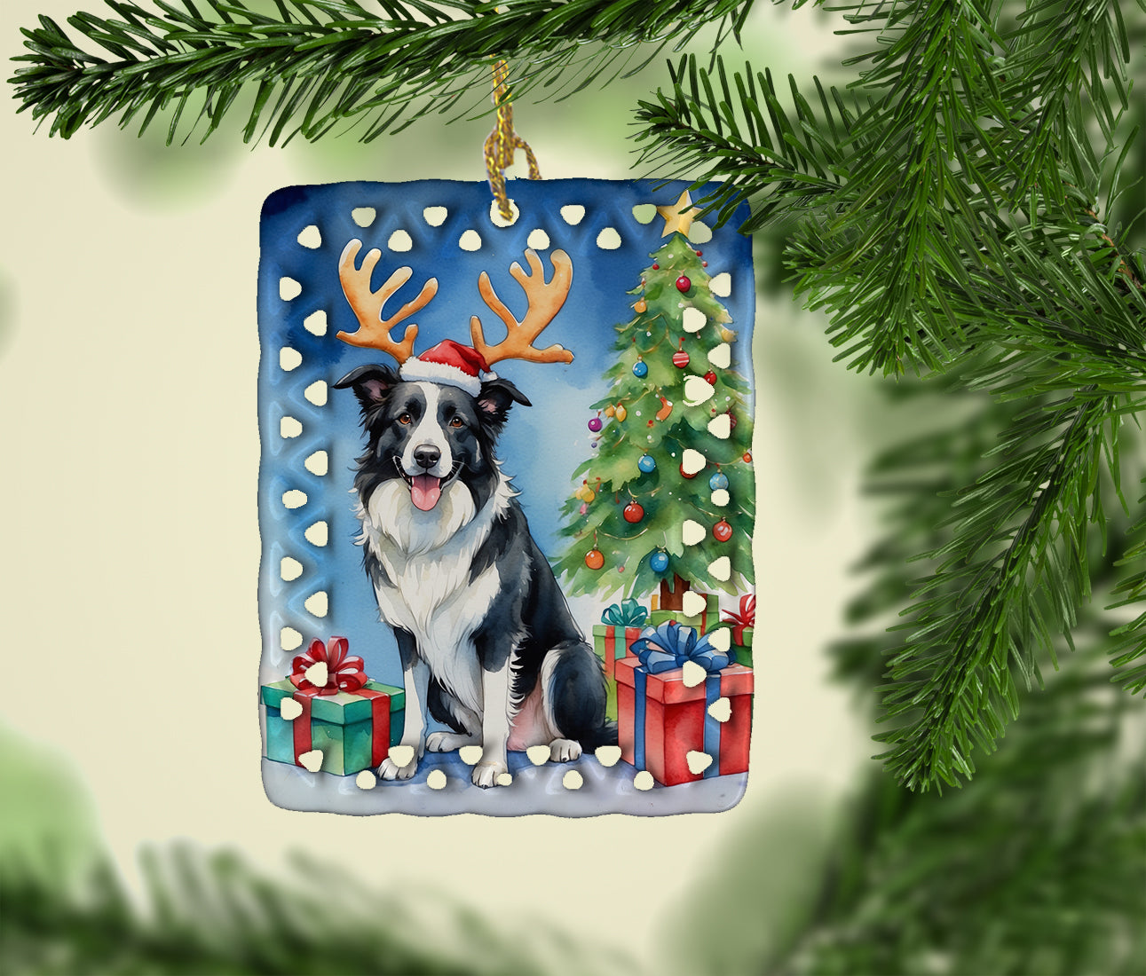 Border Collie Christmas Reindeer Porcelain Ornament