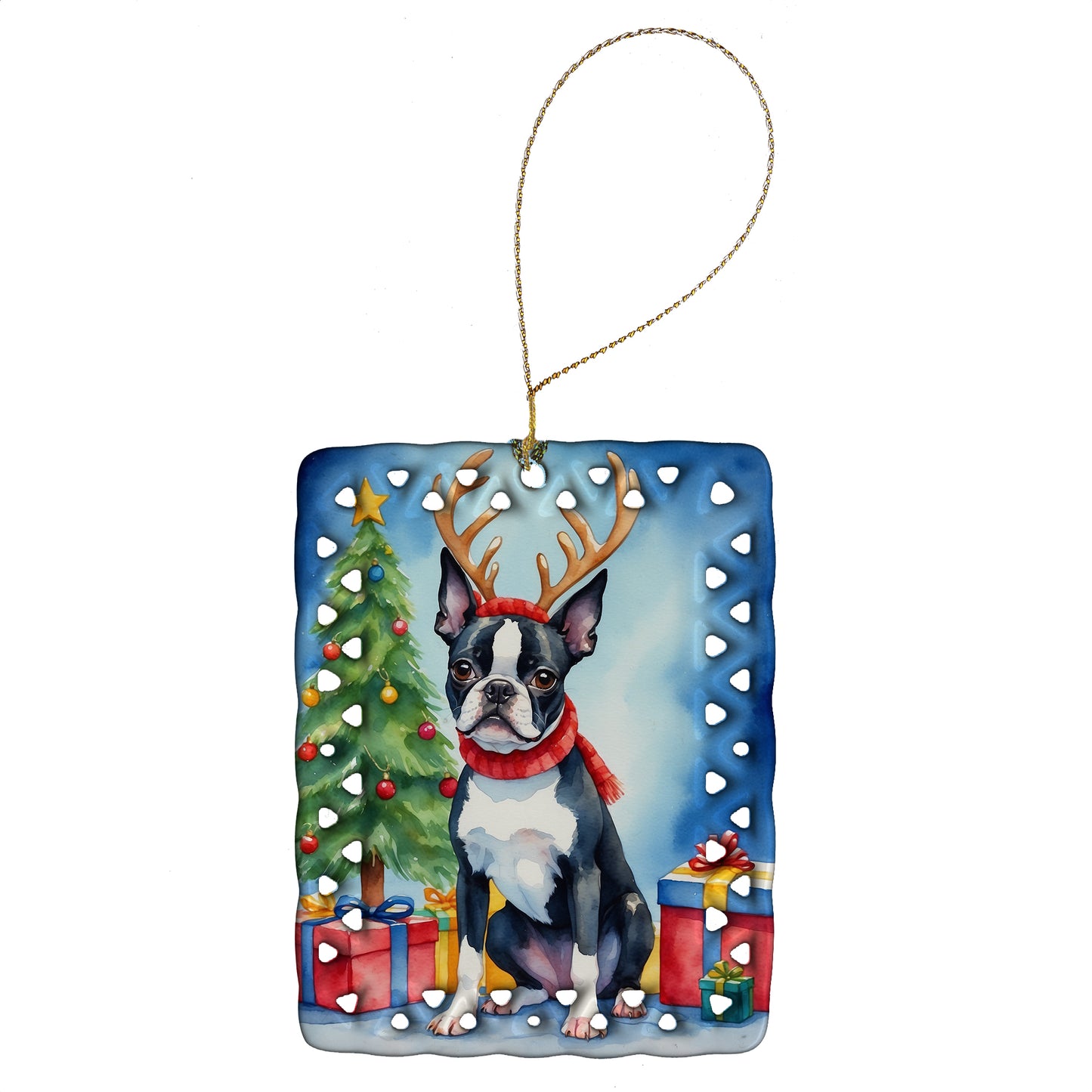 Buy this Boston Terrier Christmas Reindeer Porcelain Ornament