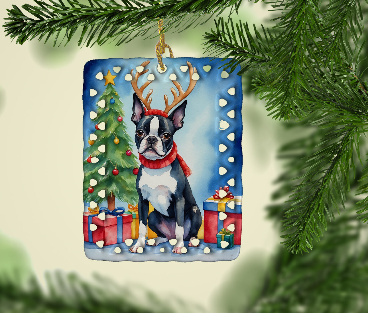 Boston Terrier Christmas Reindeer Porcelain Ornament