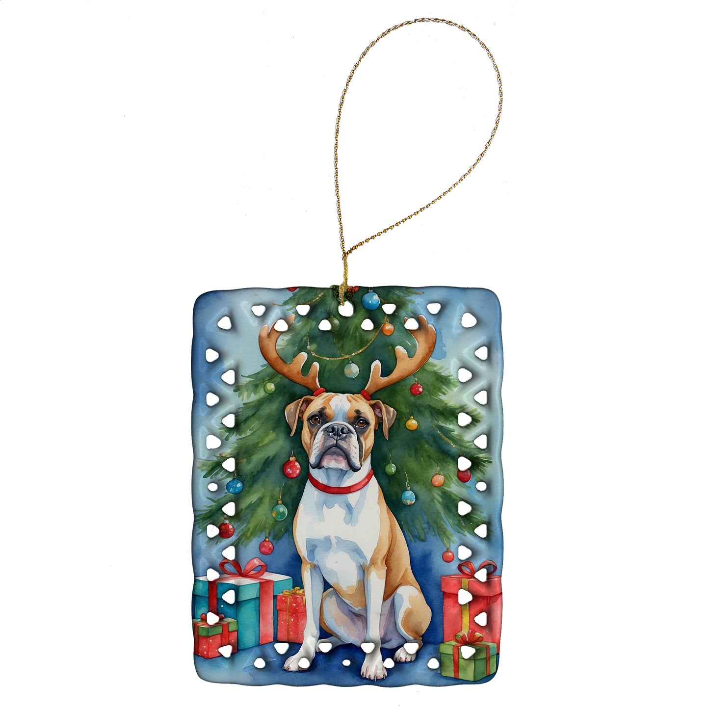 Buy this White Boxer Christmas Reindeer Porcelain Ornament