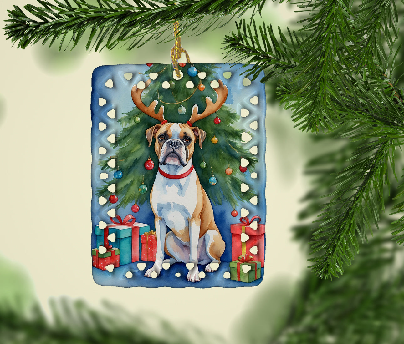 White Boxer Christmas Reindeer Porcelain Ornament