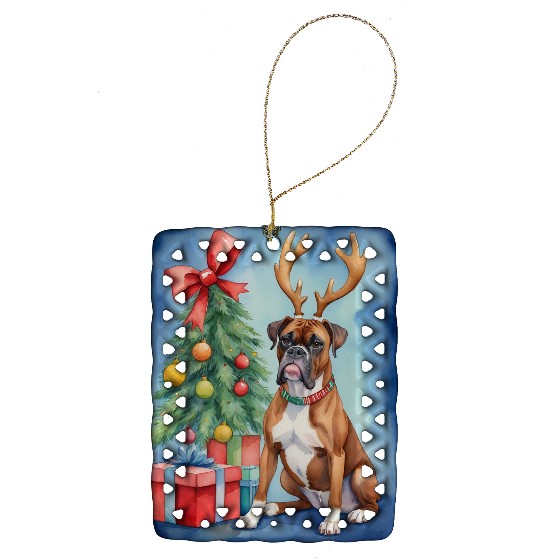 Buy this Boxer Christmas Reindeer Porcelain Ornament