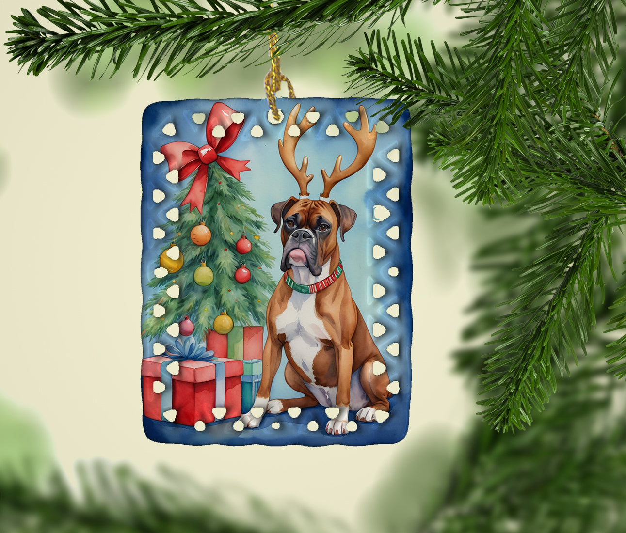 Boxer Christmas Reindeer Porcelain Ornament