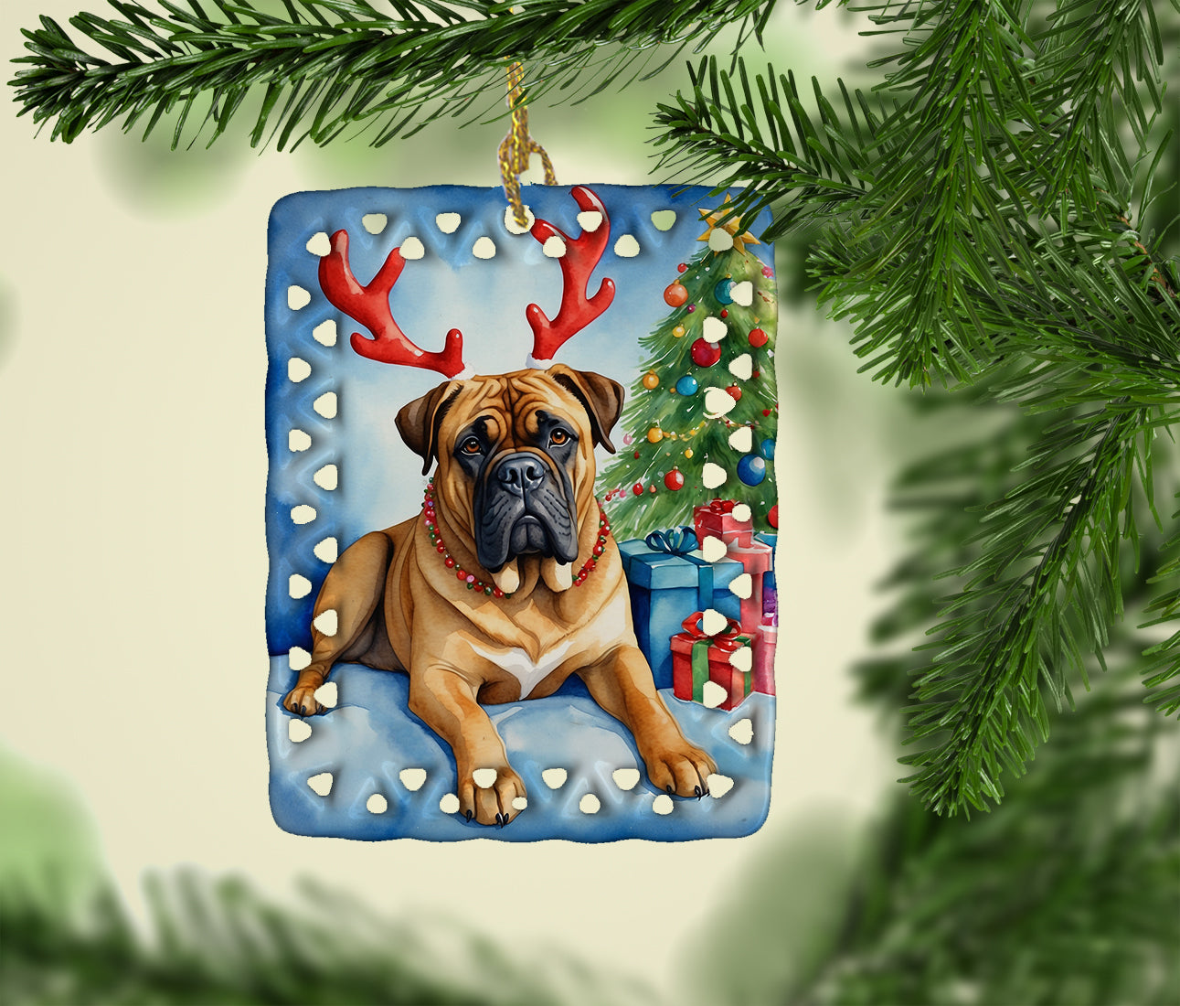 Bullmastiff Christmas Reindeer Porcelain Ornament