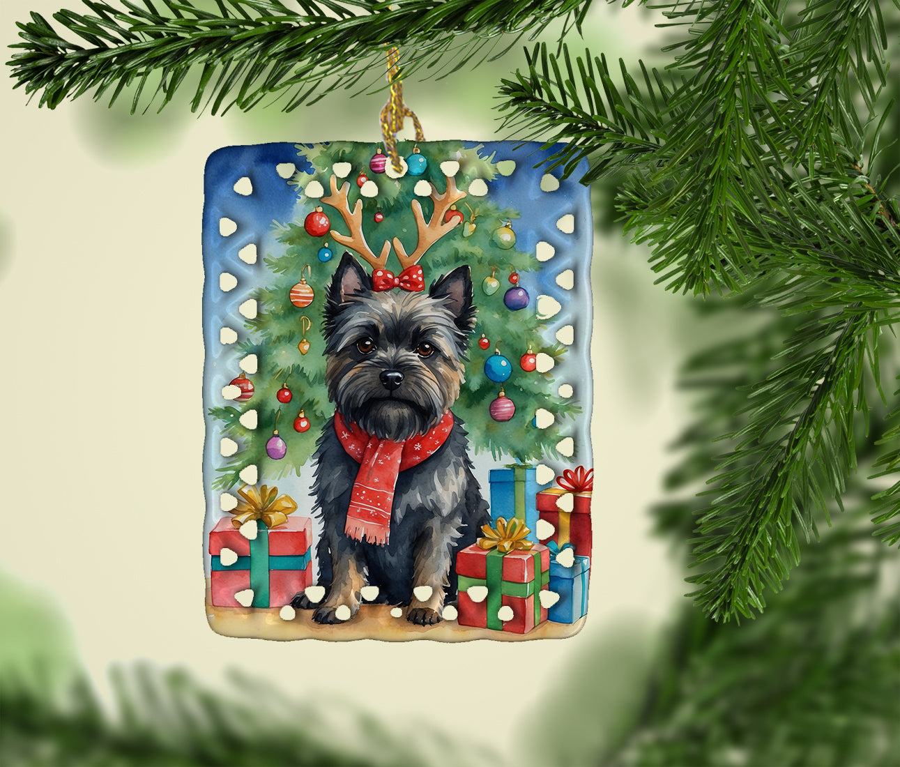 Black Cairn Terrier Christmas Reindeer Porcelain Ornament