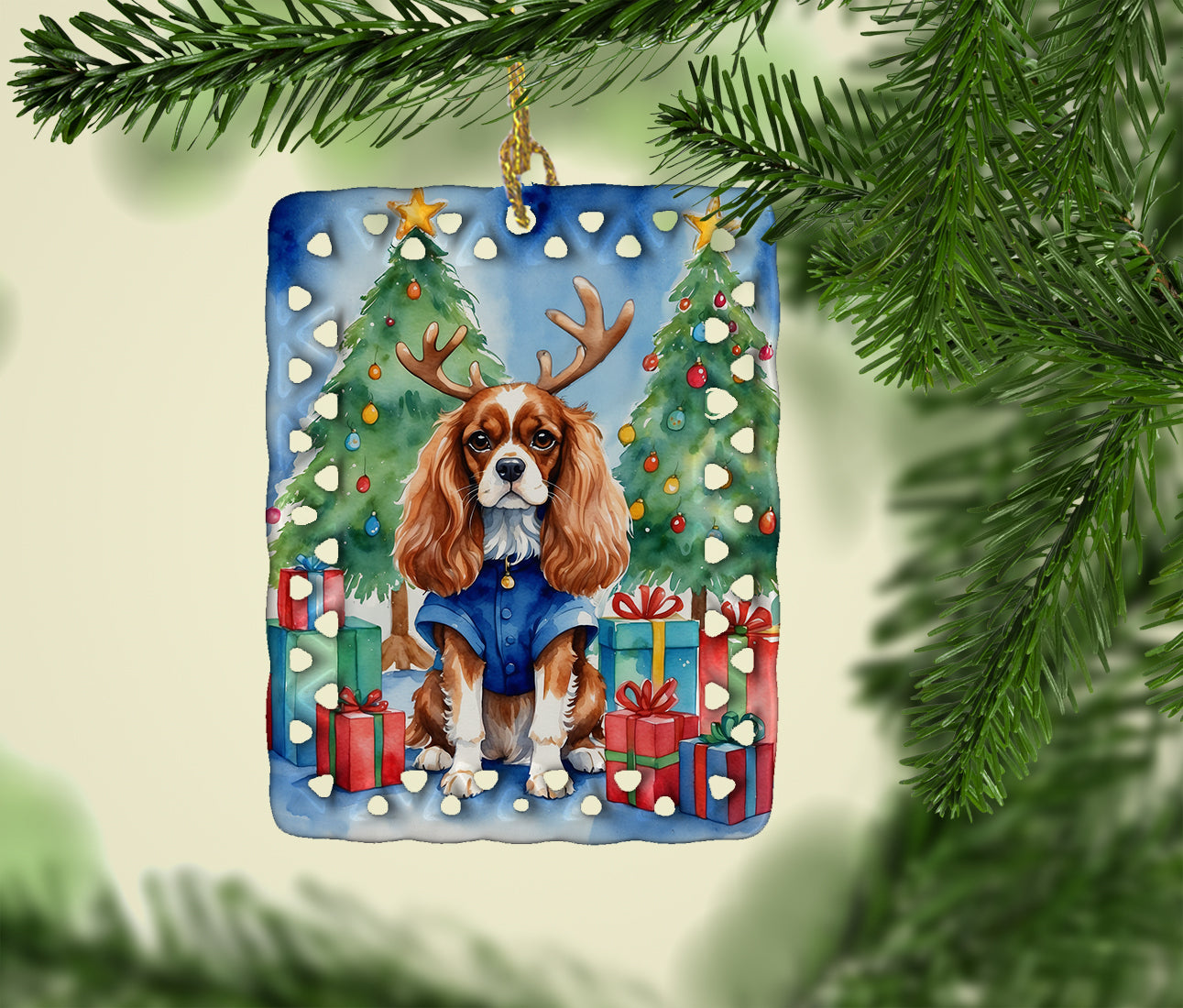 Cavalier Spaniel Christmas Reindeer Porcelain Ornament