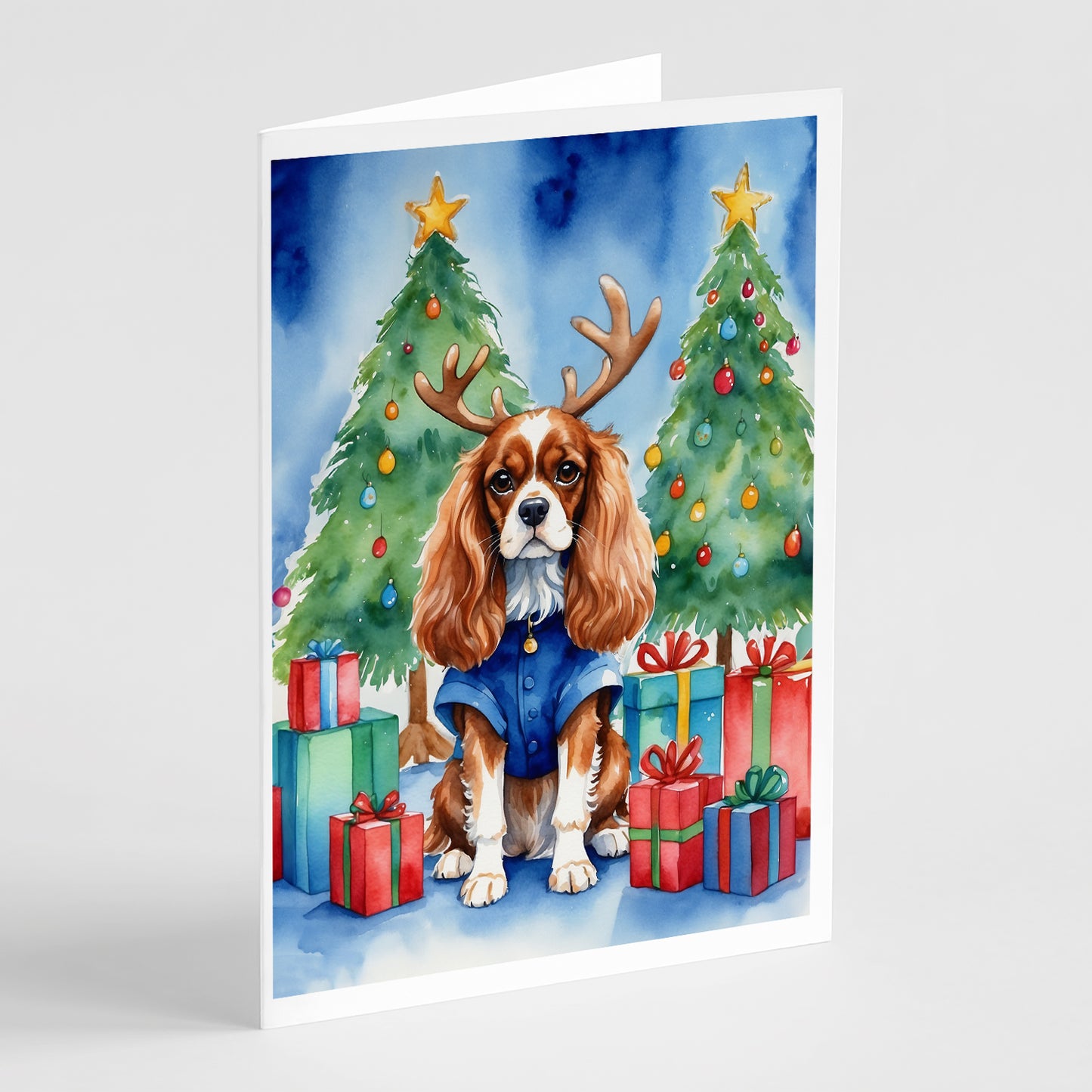 Buy this Cavalier Spaniel Christmas Reindeer Greeting Cards Pack of 8