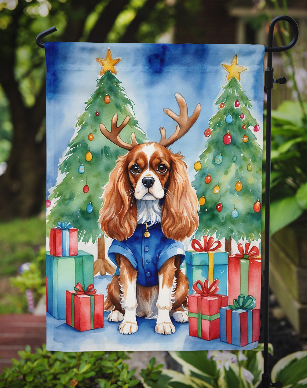 Cavalier Spaniel Christmas Reindeer Garden Flag