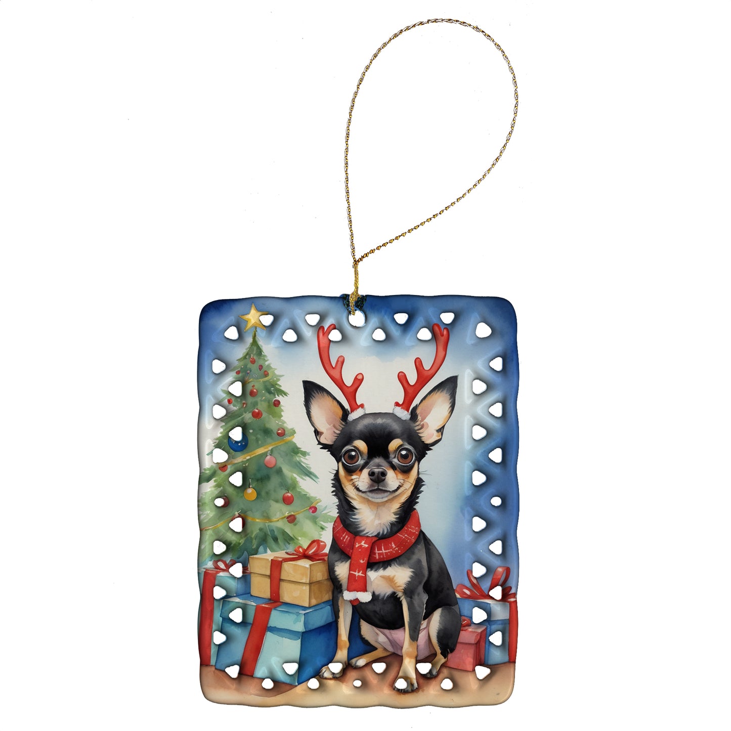 Buy this Black and Tan Chihuahua Christmas Reindeer Porcelain Ornament