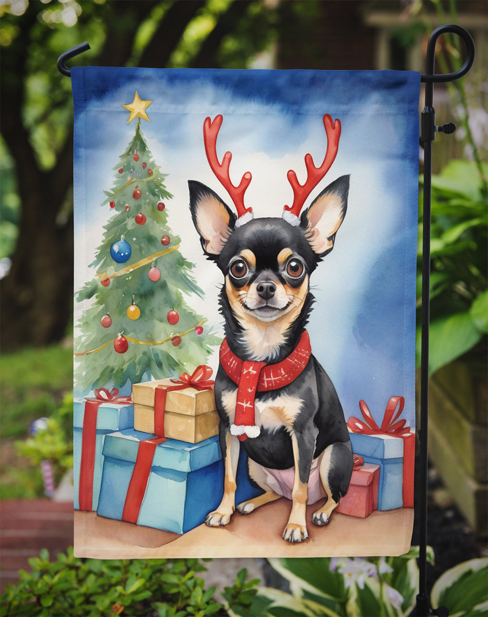 Black and Tan Chihuahua Christmas Reindeer Garden Flag