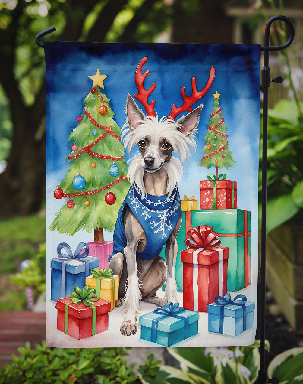 Chinese Crested Christmas Reindeer Garden Flag