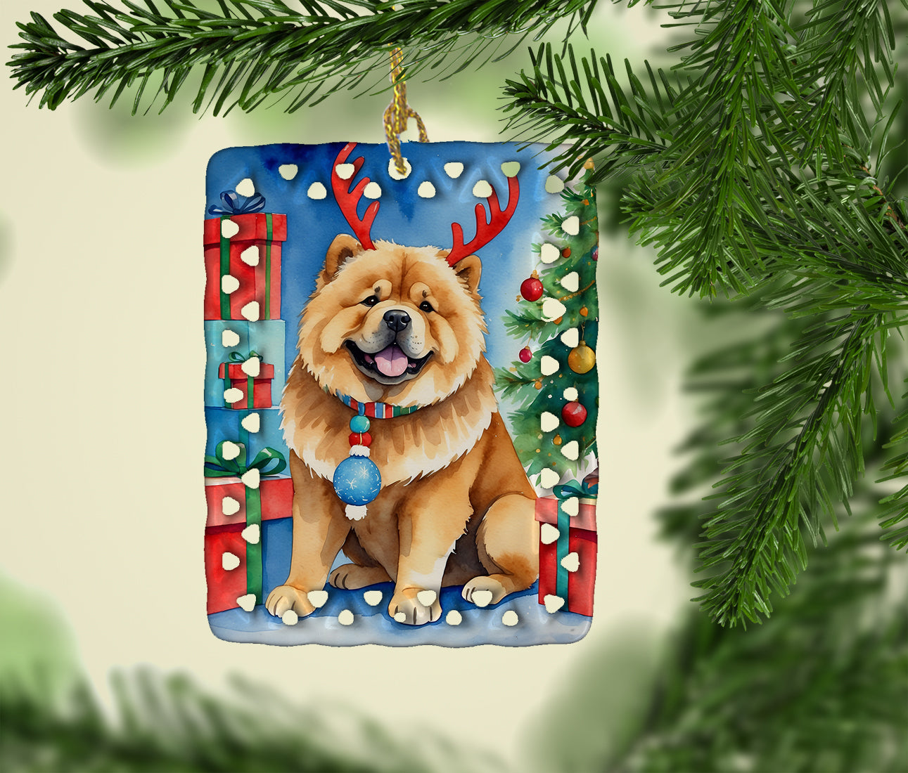 Chow Chow Christmas Reindeer Porcelain Ornament