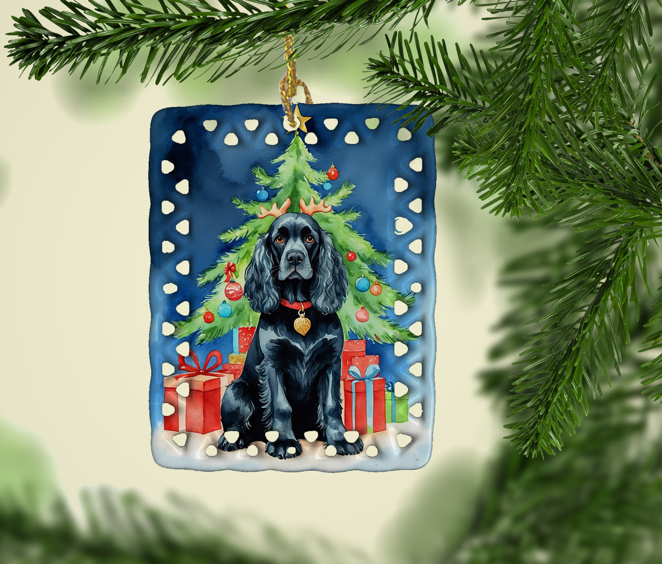 Black Cocker Spaniel Christmas Reindeer Porcelain Ornament