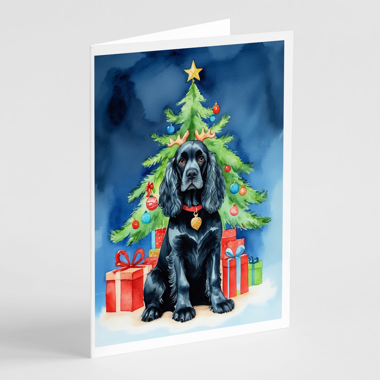 Buy this Black Cocker Spaniel Christmas Reindeer Greeting Cards Pack of 8