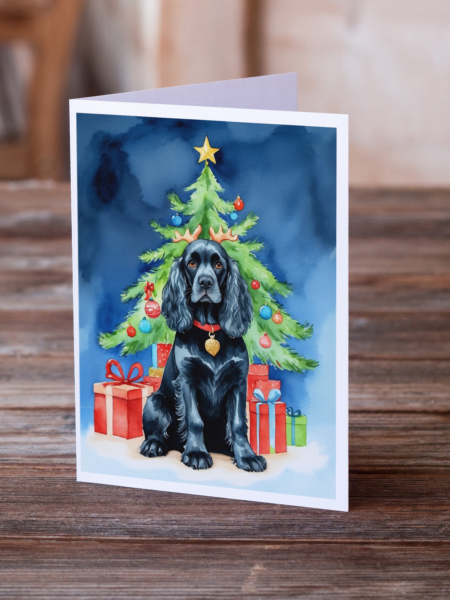 Black Cocker Spaniel Christmas Reindeer Greeting Cards Pack of 8