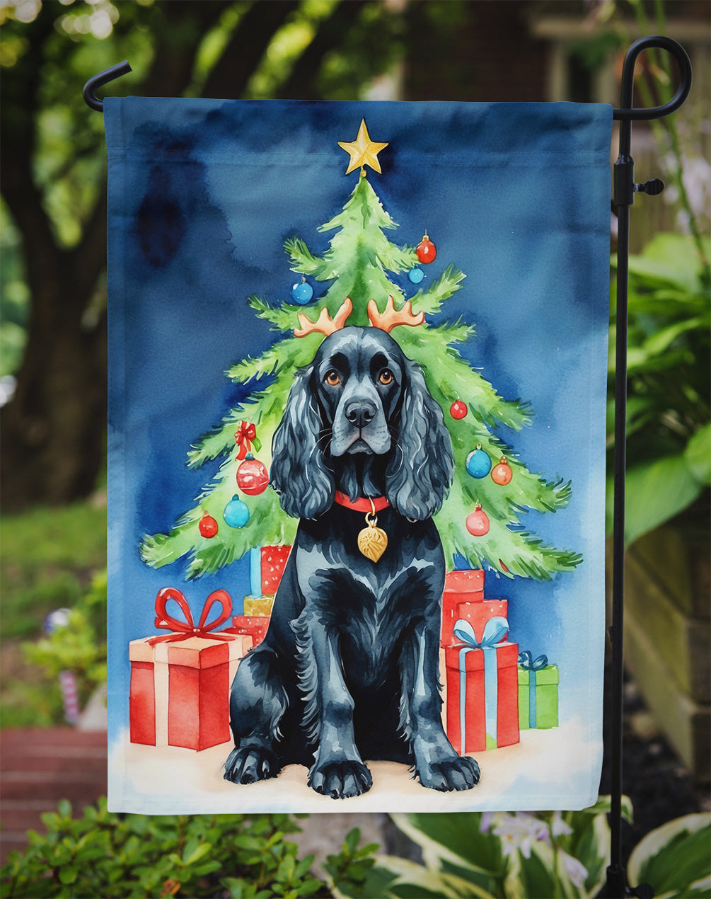 Black Cocker Spaniel Christmas Reindeer Garden Flag