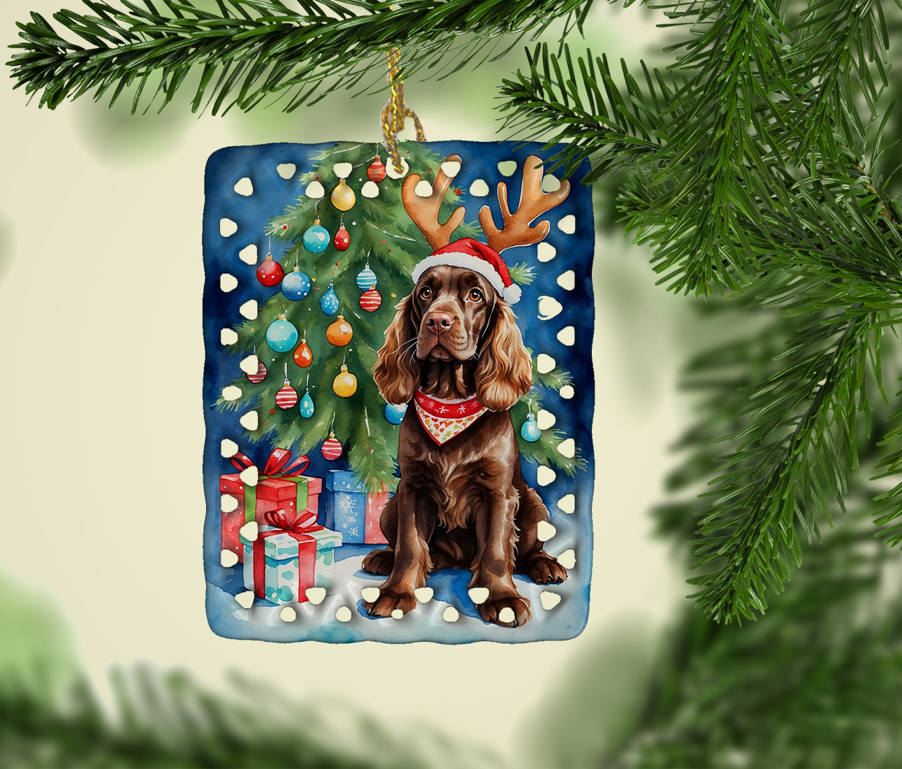 Chocolate Cocker Spaniel Christmas Reindeer Porcelain Ornament