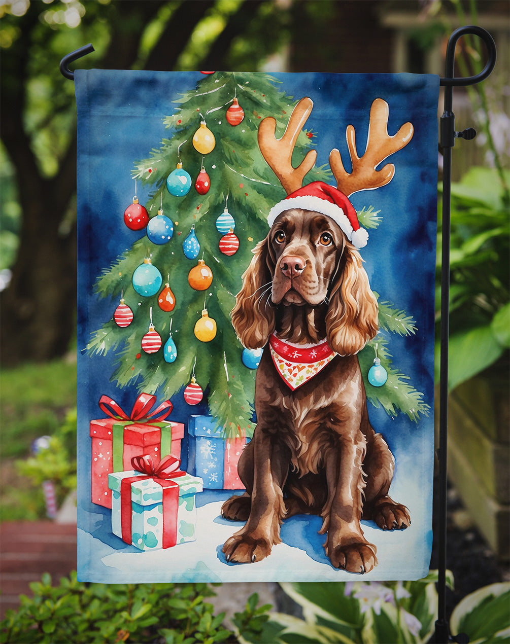 Chocolate Cocker Spaniel Christmas Reindeer Garden Flag