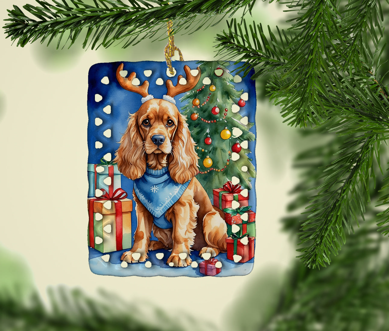 Cocker Spaniel Christmas Reindeer Porcelain Ornament