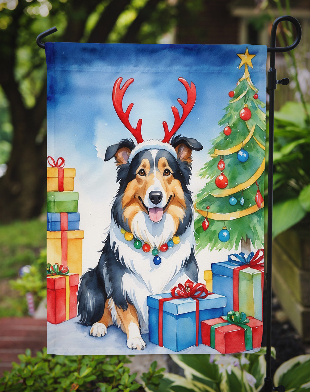 Collie Christmas Reindeer Garden Flag