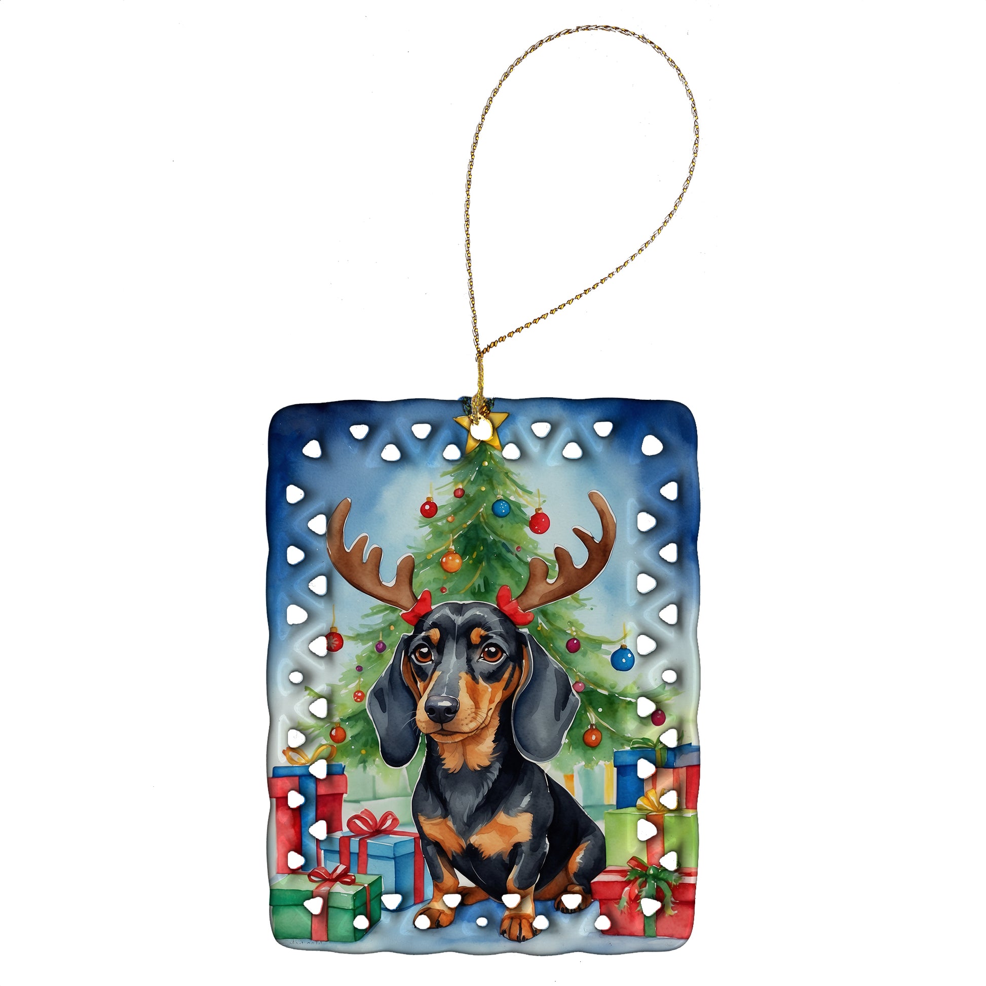 Buy this Black and Tan Dachshund Christmas Reindeer Porcelain Ornament