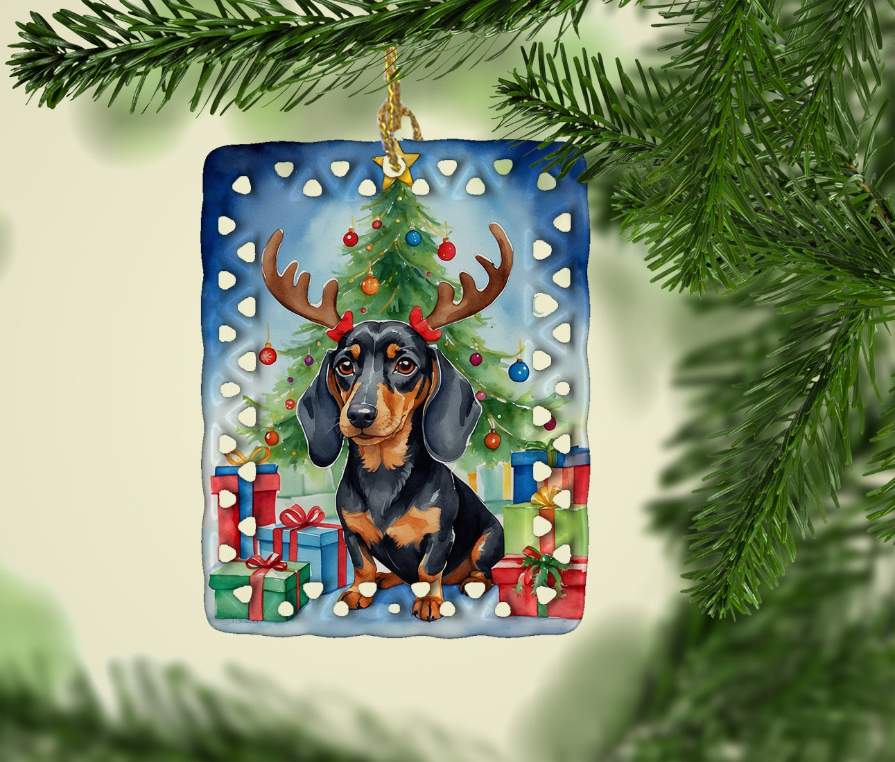 Black and Tan Dachshund Christmas Reindeer Porcelain Ornament