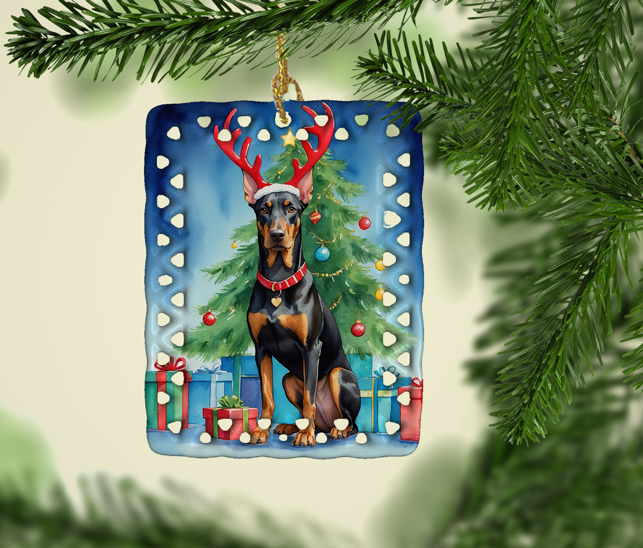 Doberman Pinscher Christmas Reindeer Porcelain Ornament