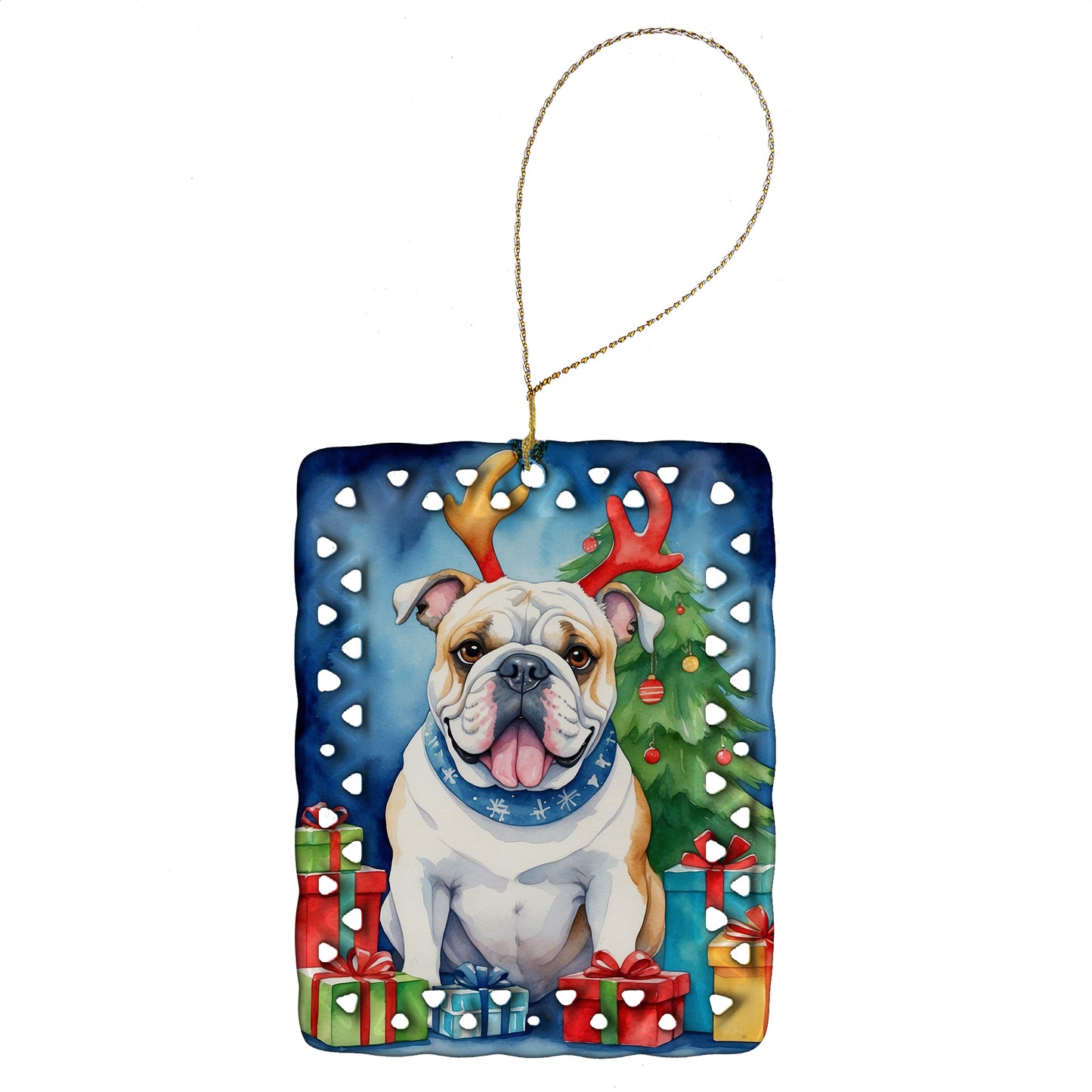 Buy this White English Bulldog Christmas Reindeer Porcelain Ornament