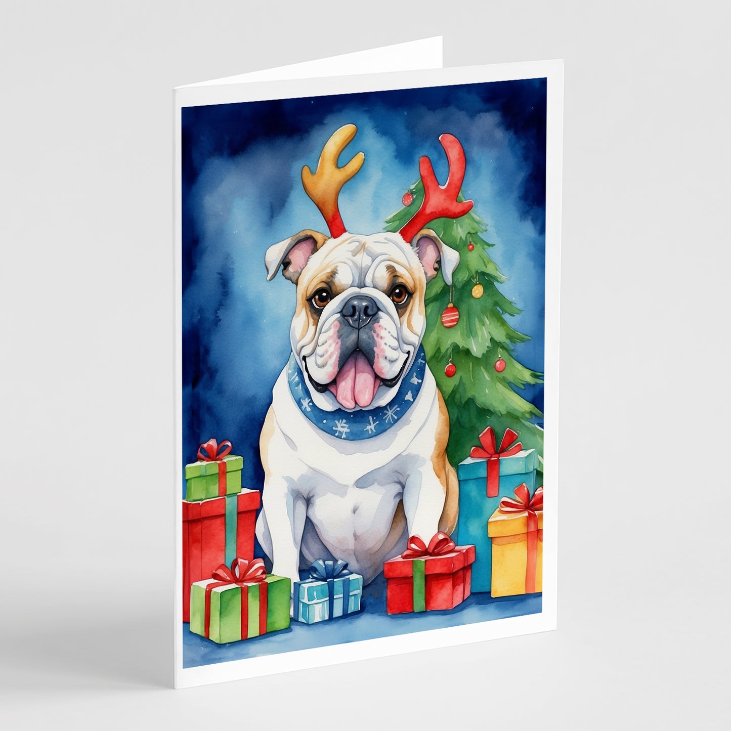 Buy this White English Bulldog Christmas Reindeer Greeting Cards Pack of 8