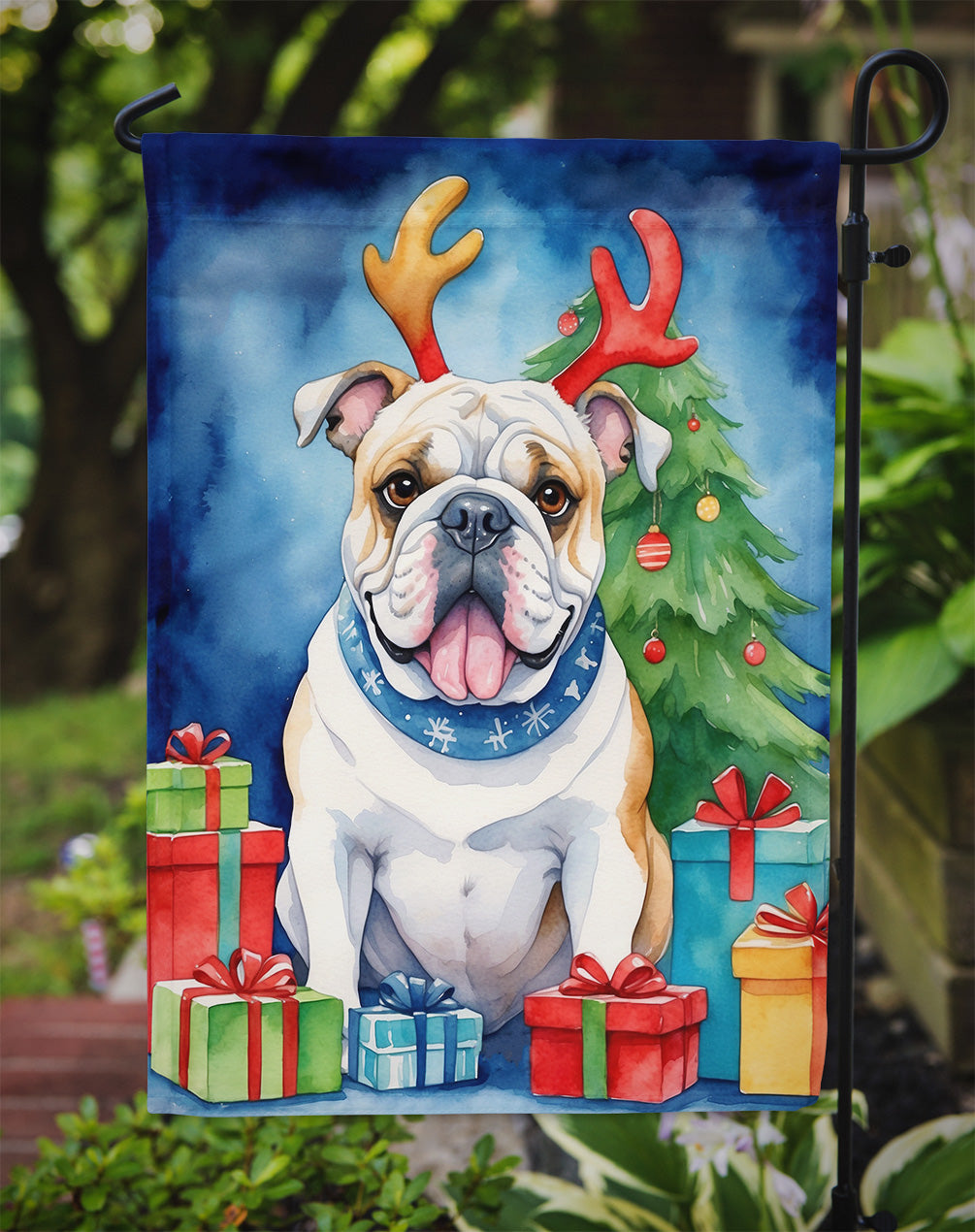 White English Bulldog Christmas Reindeer Garden Flag