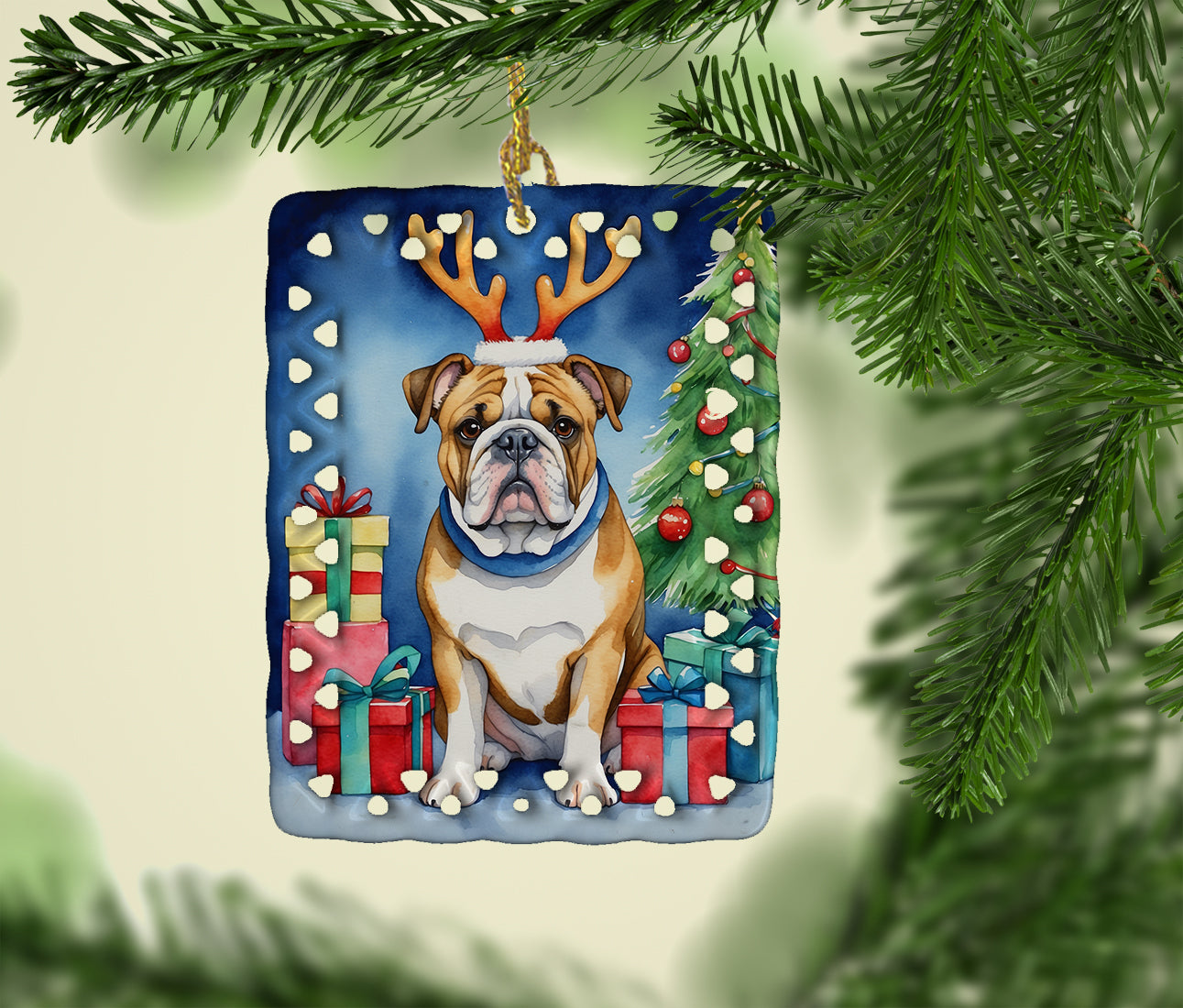 English Bulldog Christmas Reindeer Porcelain Ornament