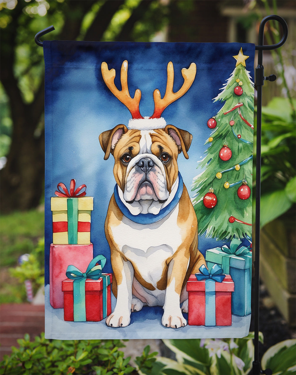 English Bulldog Christmas Reindeer Garden Flag
