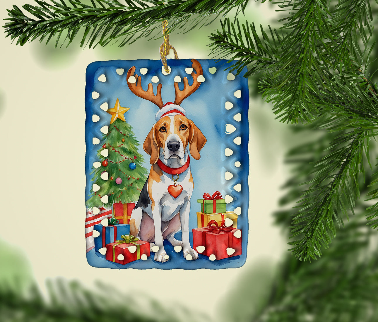 English Foxhound Christmas Reindeer Porcelain Ornament