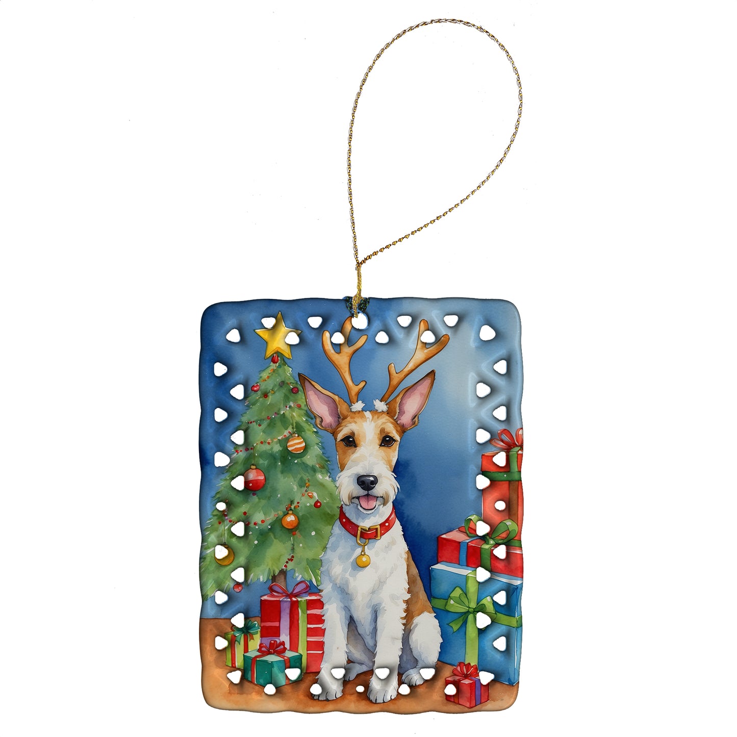 Buy this Fox Terrier Christmas Reindeer Porcelain Ornament