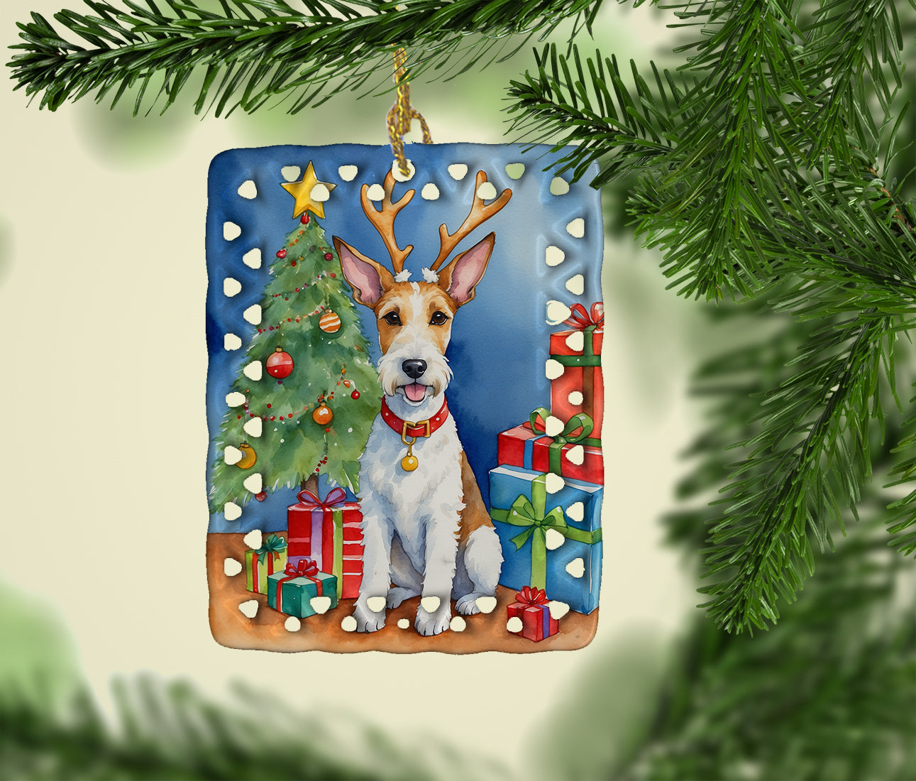 Fox Terrier Christmas Reindeer Porcelain Ornament