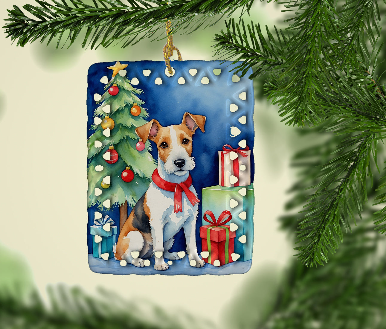 Fox Terrier Christmas Reindeer Porcelain Ornament