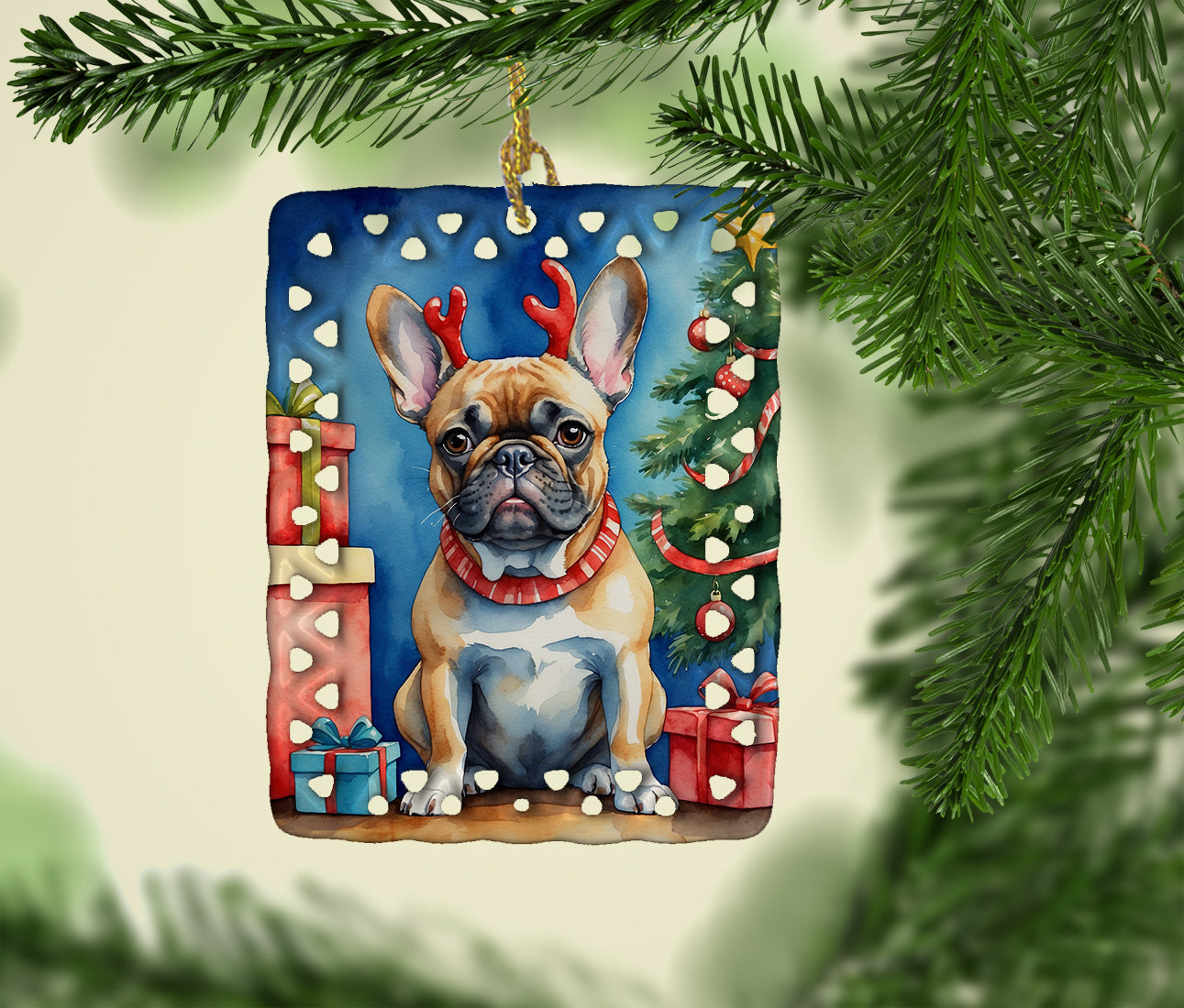 French Bulldog Christmas Reindeer Porcelain Ornament