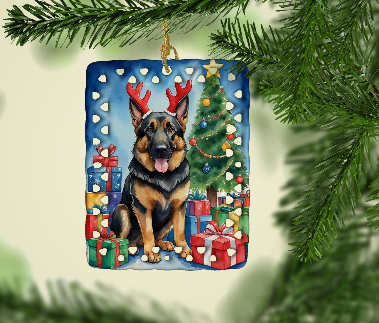 German Shepherd Christmas Reindeer Porcelain Ornament