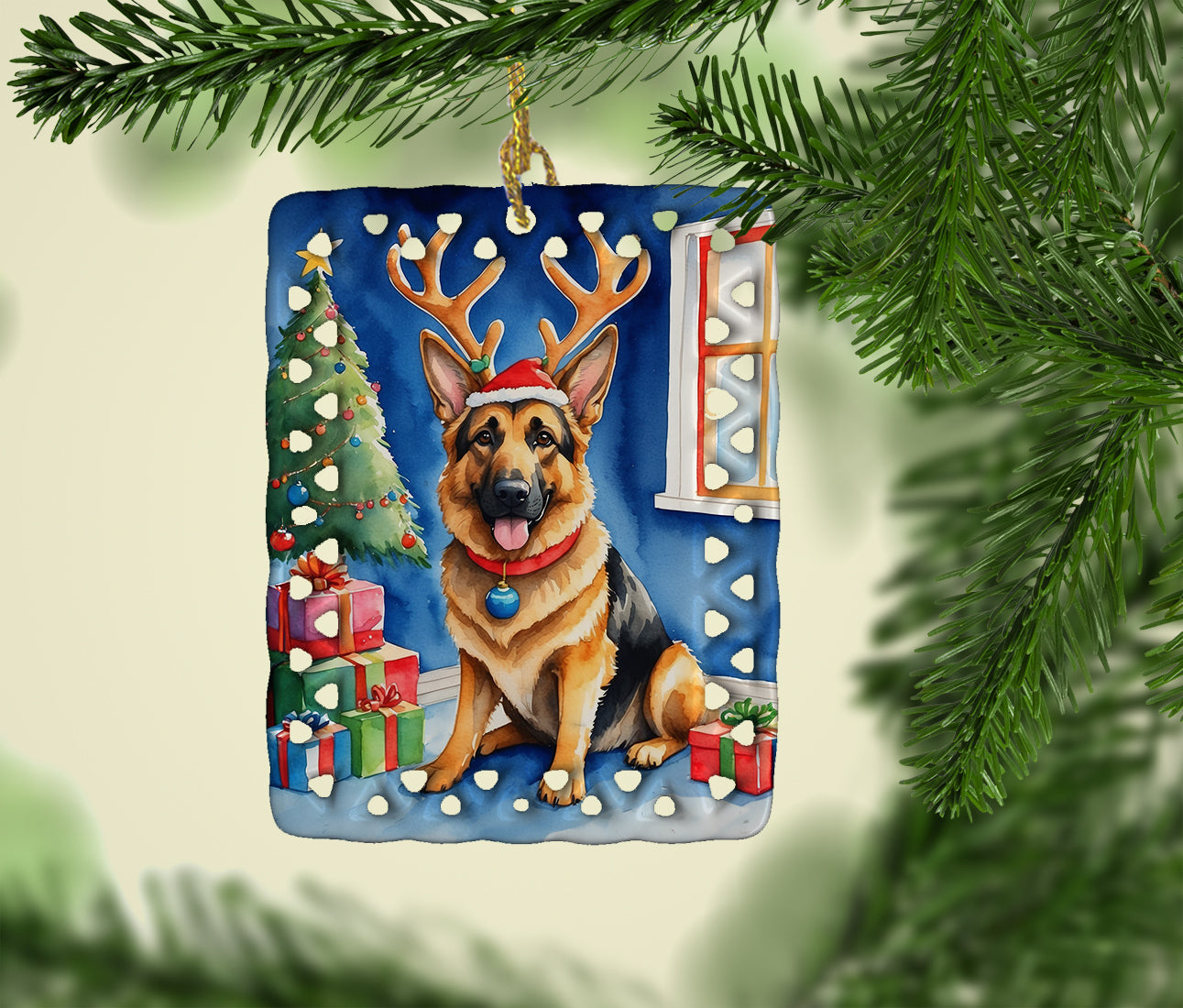 German Shepherd Christmas Reindeer Porcelain Ornament