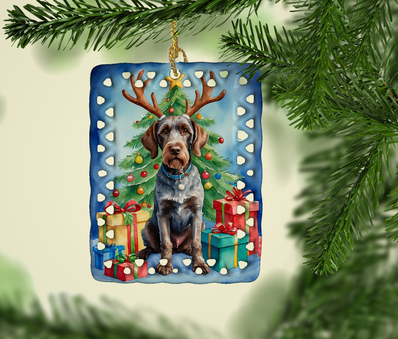 German Wirehaired Pointer Christmas Reindeer Porcelain Ornament