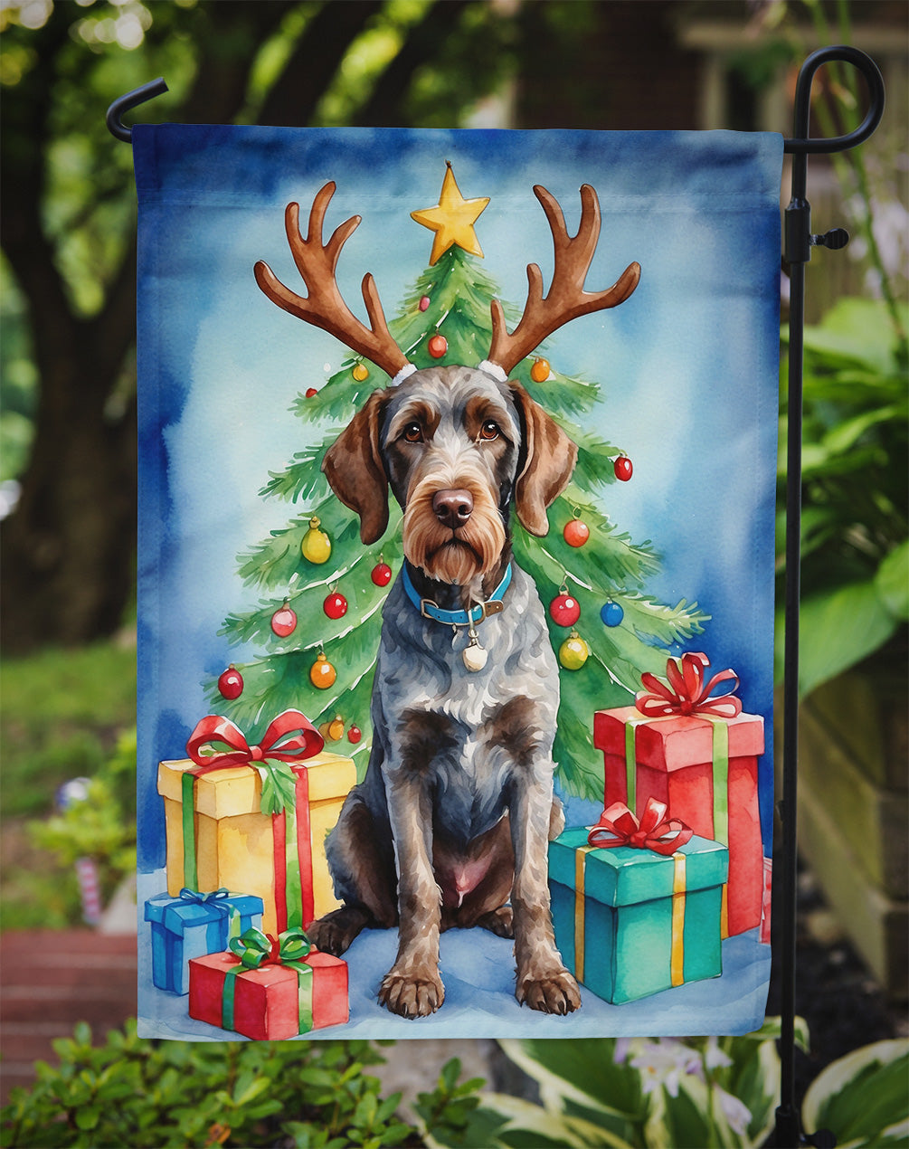 German Wirehaired Pointer Christmas Reindeer Garden Flag